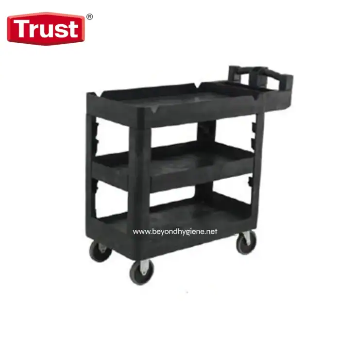 Black multipurpose janitorial cart with three shelves and four wheels, ideal for cleaning supplies and equipment storage. Durable design for use in commercial and industrial cleaning environments.