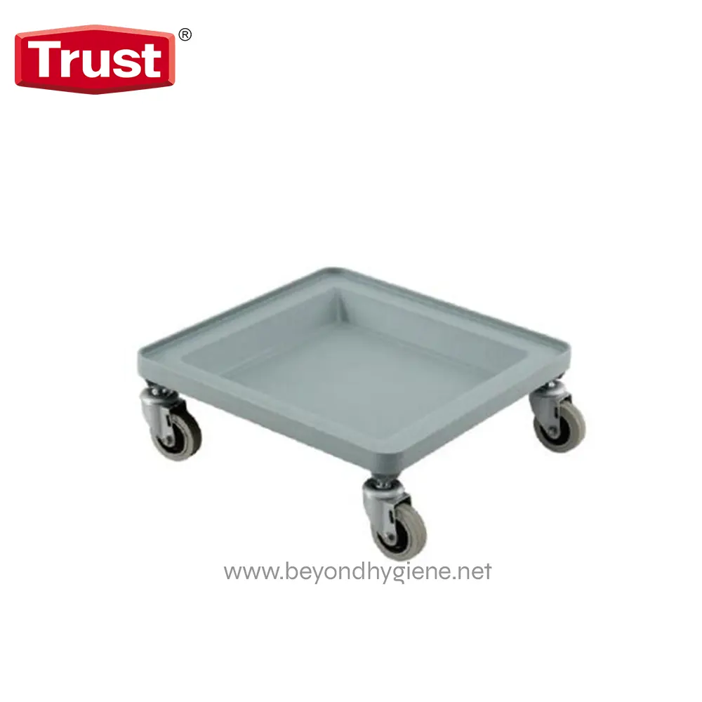 4484 Heavy-duty gray plastic service cart with four swiveling caster wheels, ideal for hospital, medical, or industrial cleaning and supply transportation. Reliable, durable, and easy to maneuver.