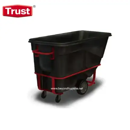 Black cleaning cart with wheels and red handles for janitorial supplies at Beyond Hygiene Asia, promoting commercial cleaning hygiene solutions.