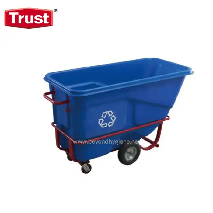 Blue recycling waste bin on mobile cart, ideal for waste management and sanitation solutions in Asian industries.