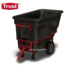 Black cleaning cart with red handles and wheels, Logo Trust, used for sanitation and hygiene management in commercial spaces.