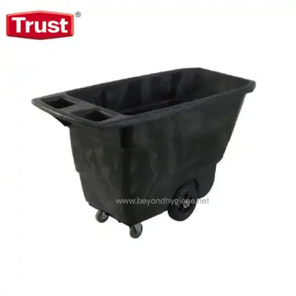 Black plastic hospital utility cart for cleaning and waste disposal, durable and mobile.
