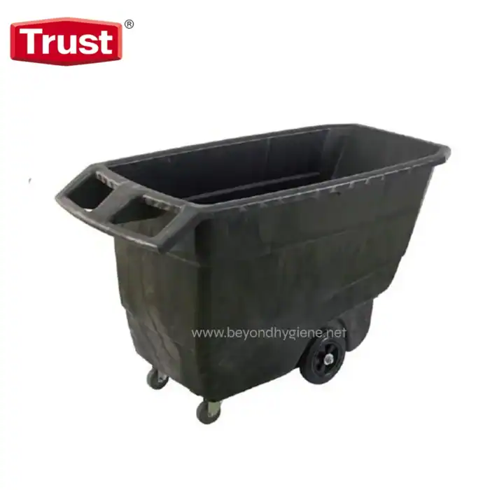 Black utility cleaning cart with wheels for janitorial supplies and sanitation equipment.