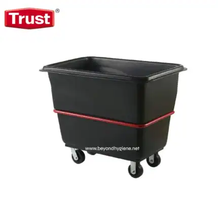 Black sanitary cleaning cart with wheels, ideal for hygiene and sanitation services, featuring ample storage for cleaning supplies and tools.