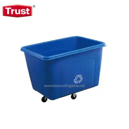 Blue plastic waste bin with wheels for commercial and industrial cleaning by Beyond Hygiene Asia.