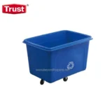 Blue recycling bin on wheels for waste management and sanitation purposes at Beyond Hygiene Asia.