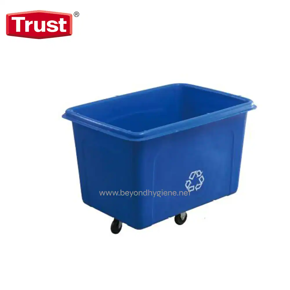 4725 Blue recycling bin on wheels for waste management and sanitation purposes at Beyond Hygiene Asia.