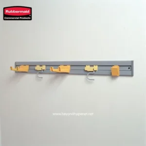 Rubbermaid toilet brush with holder for bathroom cleaning and hygiene maintenance.