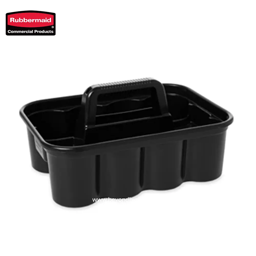 5 Rubbermaid black cleaning caddy with handle, ideal for organizing cleaning supplies and tools for commercial hygiene maintenance. Perfect for professional cleaning workflows and storage management.