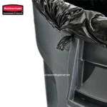 Black trash bag lining a gray commercial trash can, showcasing industrial waste management solutions from Beyond Hygiene Asia.