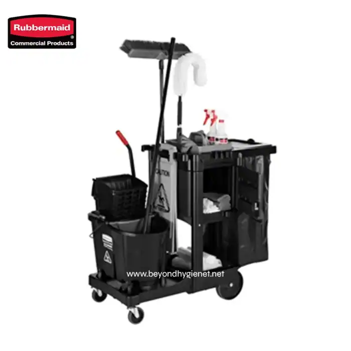 Rubbermaid commercial cleaning cart with mop bucket, cleaning supplies, and storage compartments for janitorial services and housekeeping professionals.