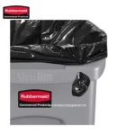 Rubbermaid commercial trash bin with black plastic liner, durable for commercial waste management, ideal for office, restaurant, or industrial cleaning solutions.
