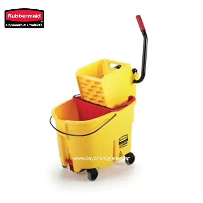 Rubbermaid commercial cleaning mop bucket with wringer, yellow and red, on wheels, ideal for professional janitorial and sanitation services.