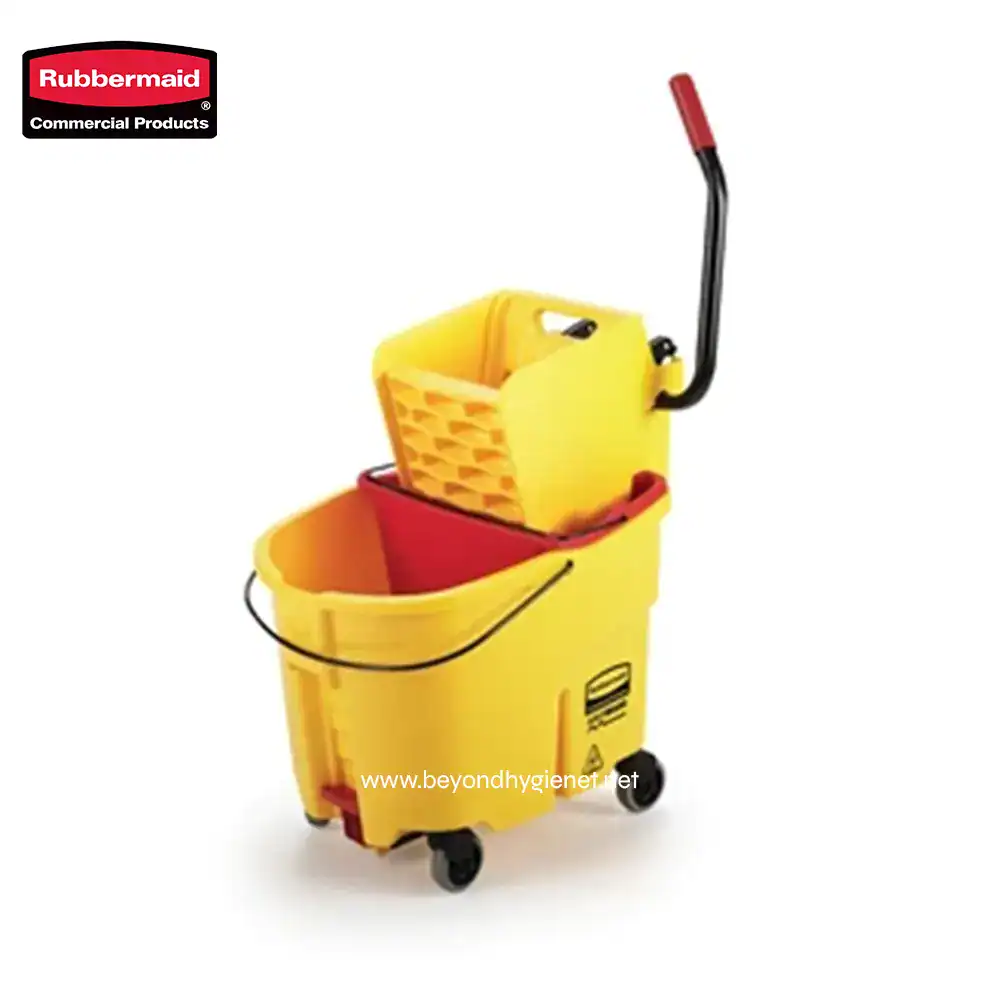 5 Rubbermaid commercial cleaning mop bucket with wringer, yellow and red, on wheels, ideal for professional janitorial and sanitation services.