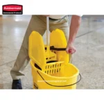 Yellow commercial mop bucket with wringer for cleaning and disinfecting surfaces.