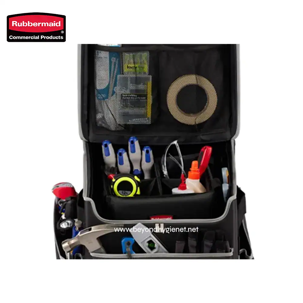 5 Rubbermaid professional cleaning tool kit organized in a black carrying case for commercial cleaning and hygiene maintenance.