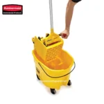 Yellow commercial mop bucket with wringer for professional cleaning and sanitation.