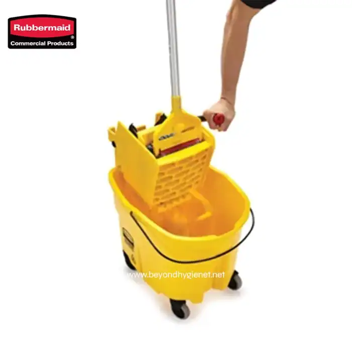 Yellow commercial mop bucket with wringer for professional cleaning and sanitation.