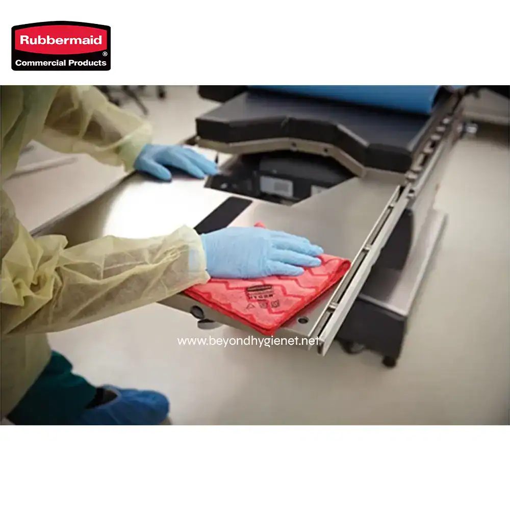 5 Rubbermaid cleaning supplies in use at healthcare facility, professional sanitization process, infection control hygiene standards, disinfection equipment for clinical environments, Beyond Hygiene Asia sanitation services in Asia.