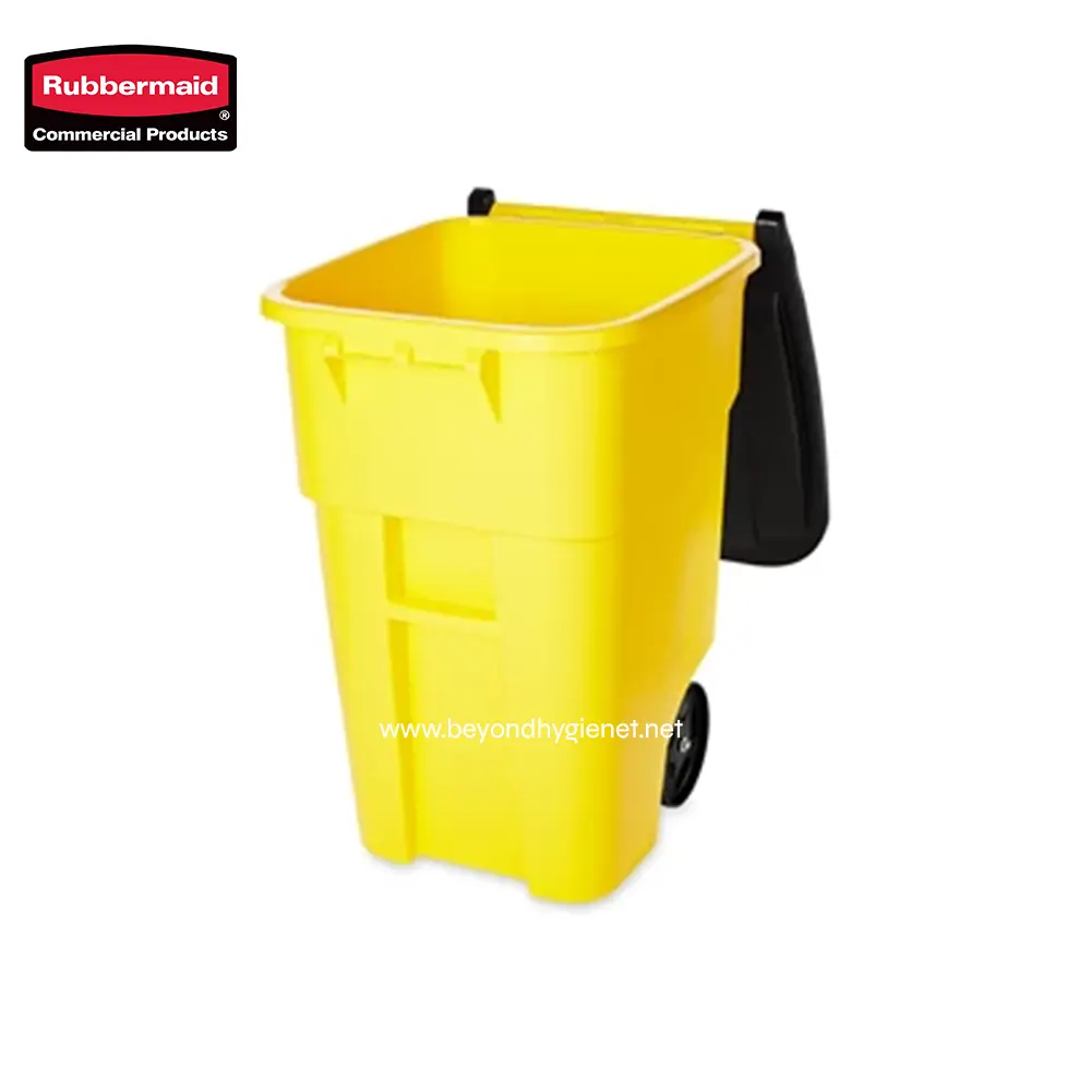 5 Rubbermaid yellow commercial cleaning cart, durable utility trolley for janitorial and cleaning services, mobile storage solution for hygiene equipment.