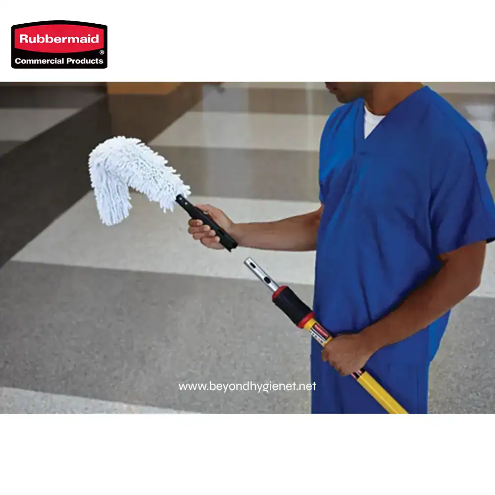 5 Microfiber dust mop being used for commercial cleaning in a facility.