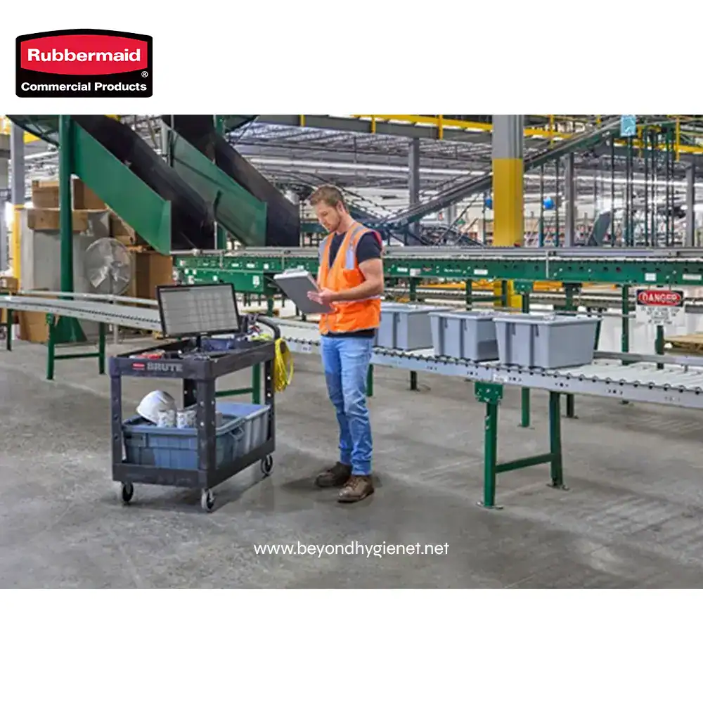 5 Rubbermaid commercial products in industrial warehouse, employee inspecting equipment, conveyor belts, and safety gear for hygiene and safety compliance.