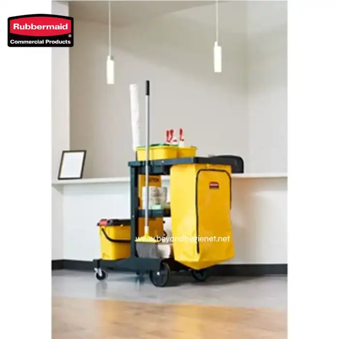 Yellow cleaning cart with mop and cleaning supplies at Beyond Hygiene Asia, commercial cleaning solutions provider.