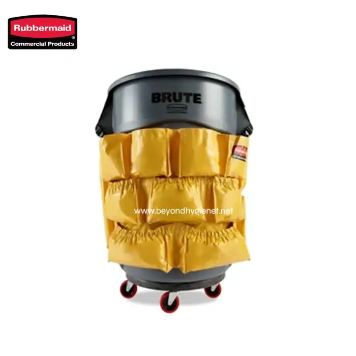 Rubbermaid commercial industrial cleaning cart with yellow disposable covers, designed for efficient sanitation and hygiene in commercial and industrial settings.