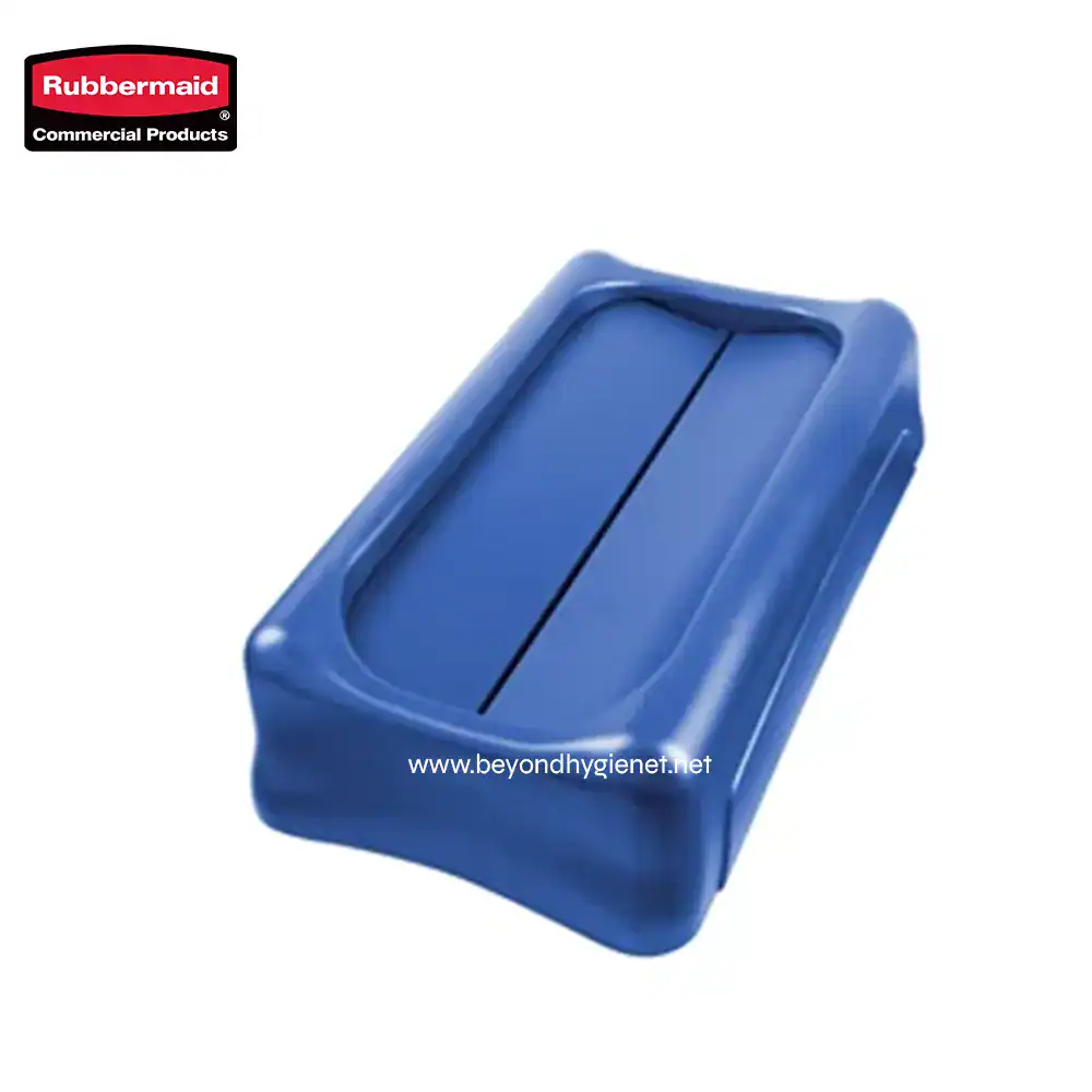 5 Rubbermaid blue plastic waste bin, durable and hygienic for commercial use, ideal for waste disposal in office, industrial, hygiene, and sanitation environments.