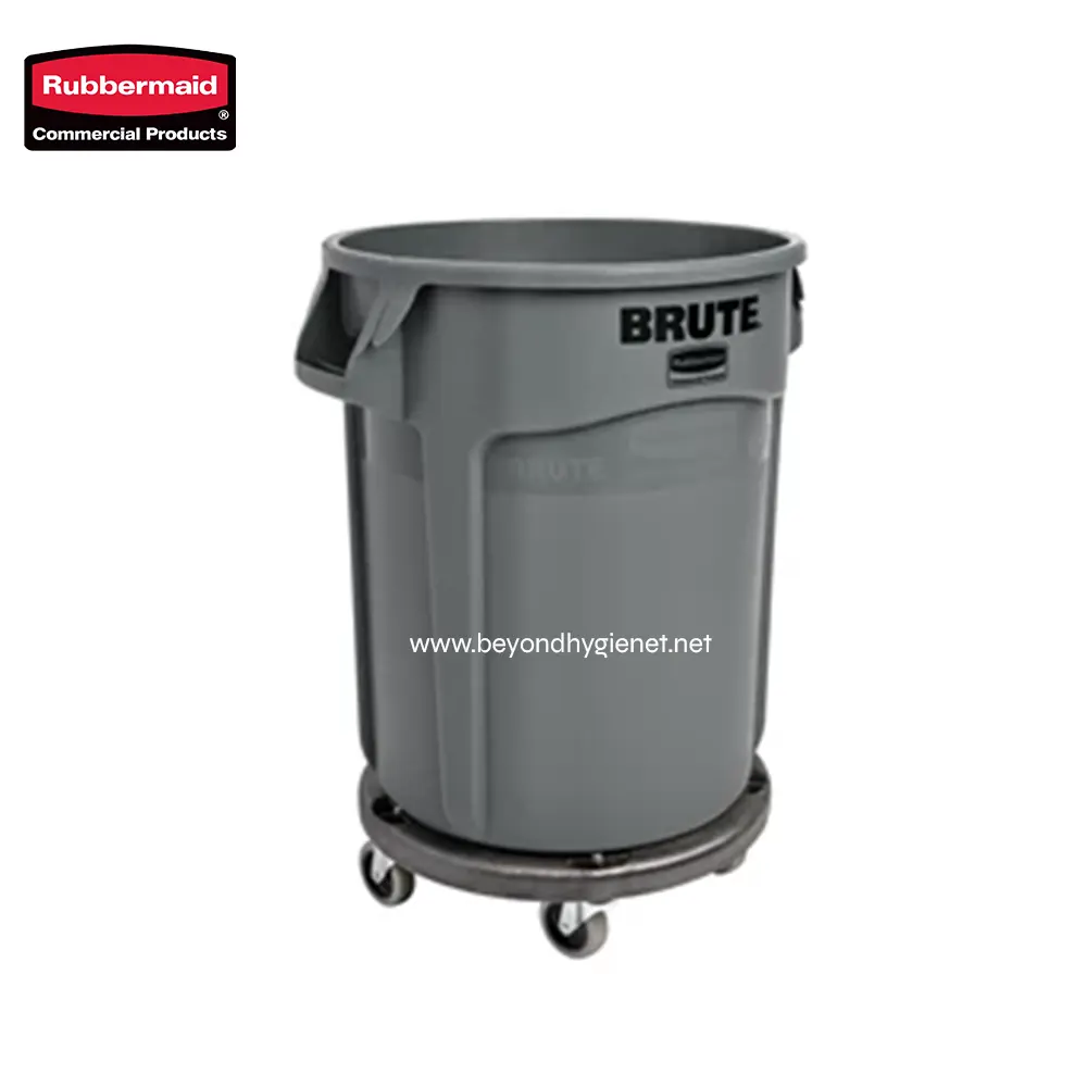 5 Rubbermaid commercial grey mobile trash bin on wheels for waste disposal, durable and spacious for commercial cleaning needs.