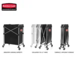 Rubbermaid hospital utility cart, collapsible design, compact storage, durable light-duty trolley for healthcare and cleaning industries.