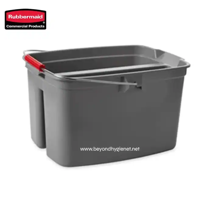 Rubbermaid commercial cleaning container, grey plastic with red lid latch, ideal for sanitation and janitorial tasks in professional environments.