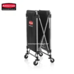 Rubbermaid commercial folding utility cart for cleaning and sanitation tasks in healthcare, hospitality, and facility management environments. Sturdy, lightweight, and mobile with durable wheels for easy transportation.