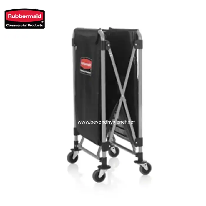 Rubbermaid commercial folding utility cart for cleaning and sanitation tasks in healthcare, hospitality, and facility management environments. Sturdy, lightweight, and mobile with durable wheels for easy transportation.