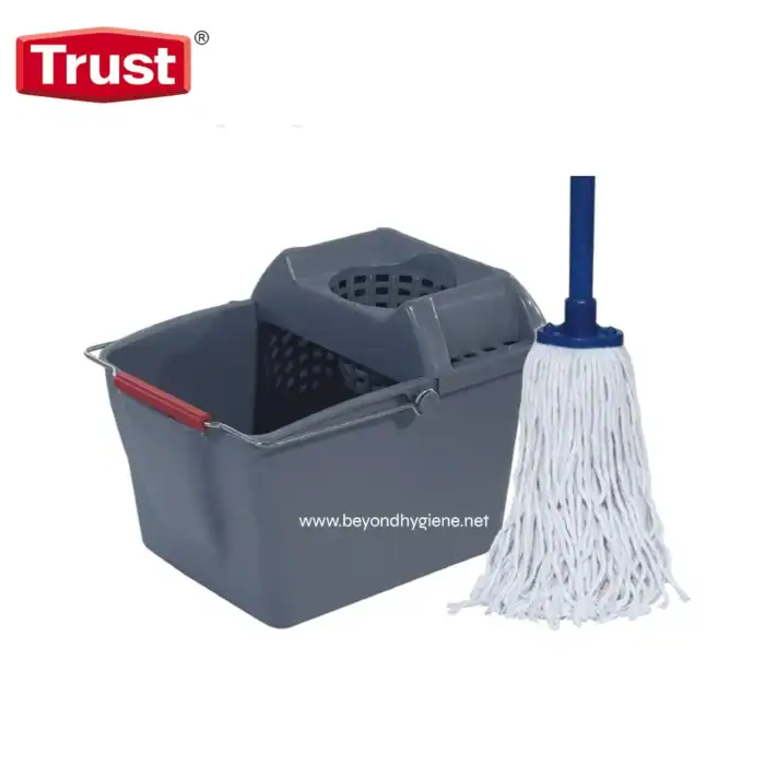 Clean mop and cleaning bucket with wringer for commercial janitorial use, promoting hygiene and sanitation.