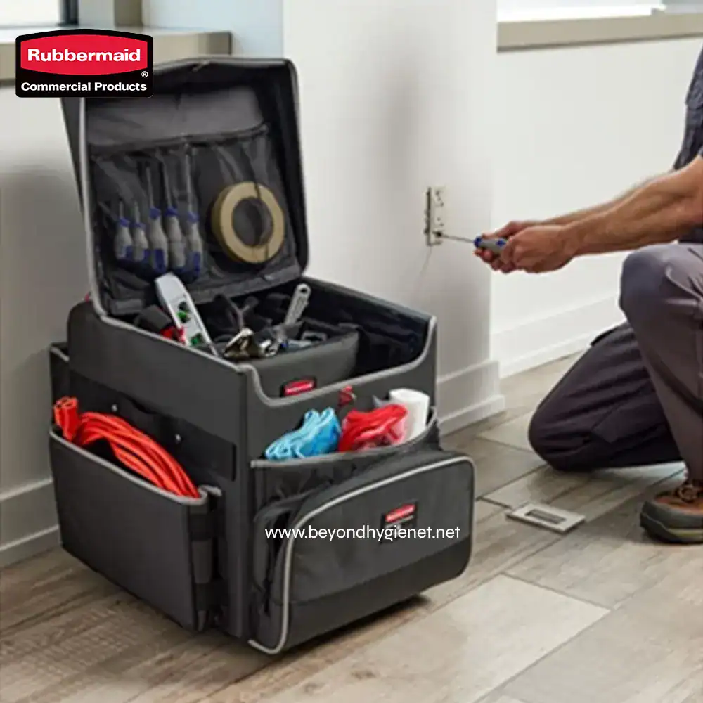 6 Spare electrical tools and repair kit in a gray toolbox for commercial hygiene maintenance.