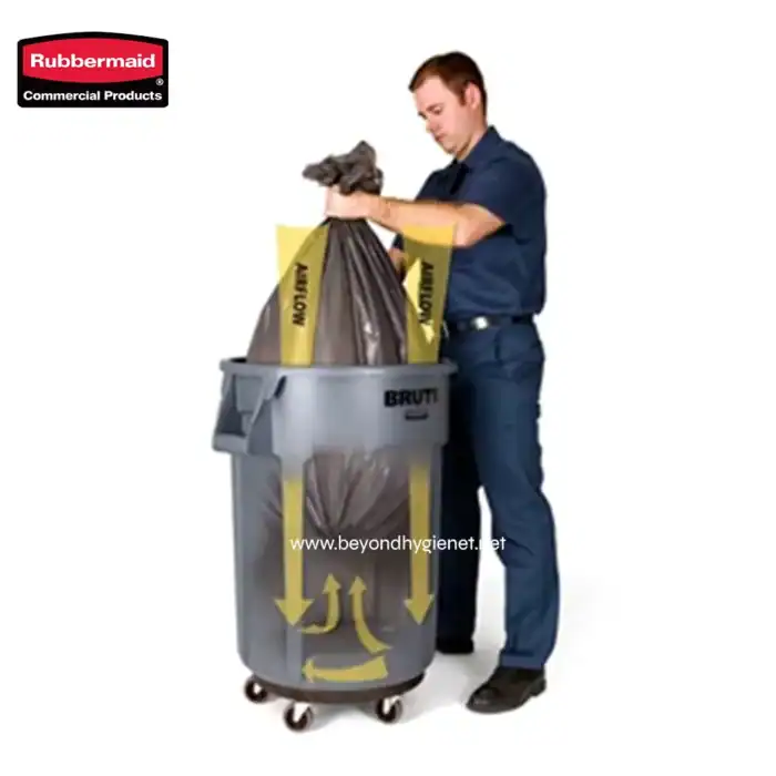 Rubbermaid commercial waste collection cart with bag containment and durability for industrial cleaning purposes.