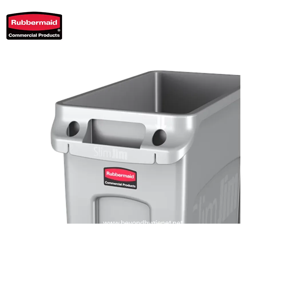 6 Rubbermaid Slim Jim commercial trash receptacle, gray plastic waste bin for office or industrial use, designed for durability and sanitation.
