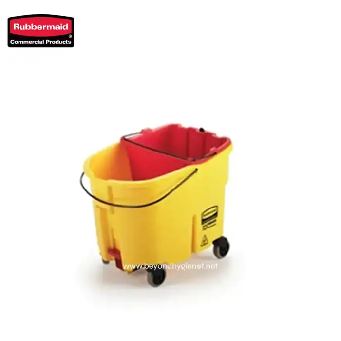 Yellow cleaning mop bucket with red wringer, mobility wheels, and cleaning staff-friendly design for commercial cleaning.