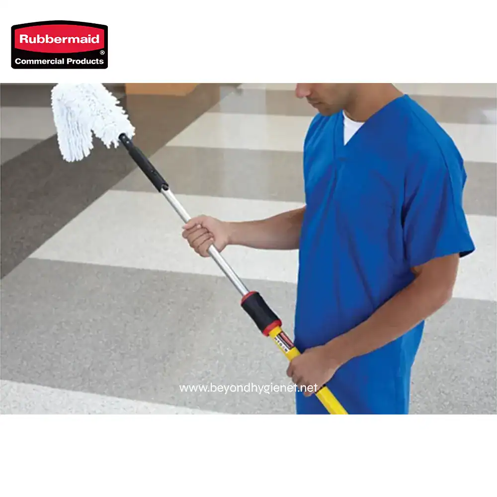 6 Rubbermaid commercial cleaning mop with extendable handle for efficient floor maintenance.