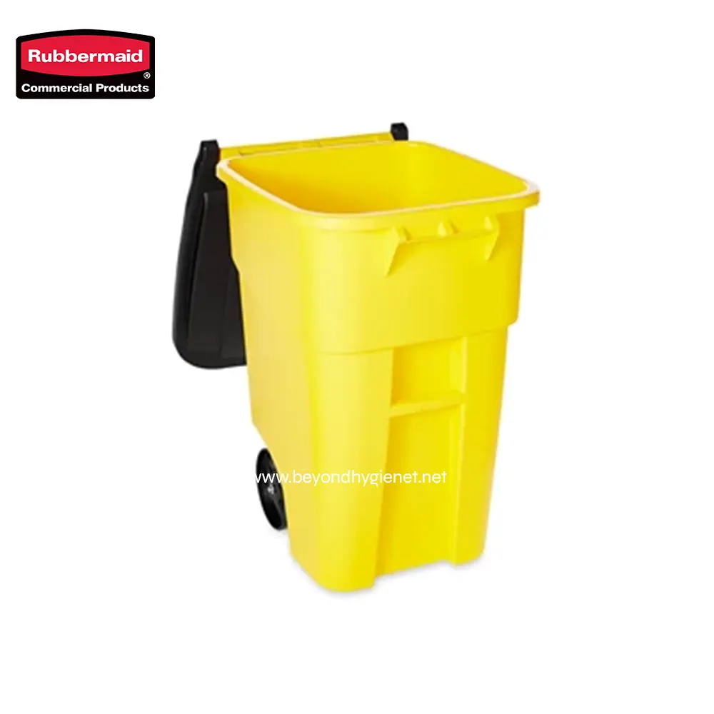 6 Yellow commercial cleaning trash bin with wheels and black lid for sanitation and waste management.