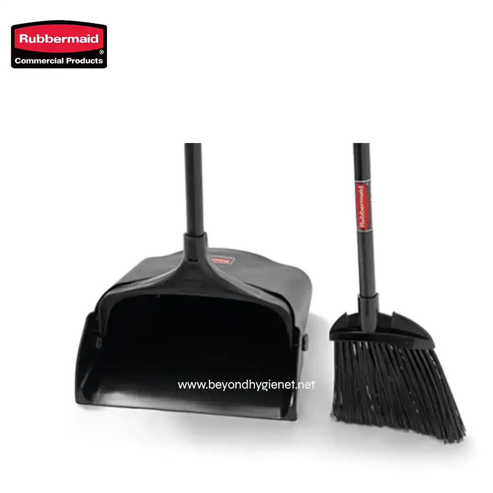 6 Rubbermaid commercial dustpan and broom set for commercial cleaning and sanitation purposes.