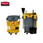 Cleaning cart with microfiber cloths, spray bottles, and cleaning tools for professional sanitation services.