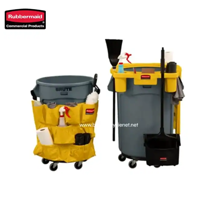 Cleaning cart with microfiber cloths, spray bottles, and cleaning tools for professional sanitation services.