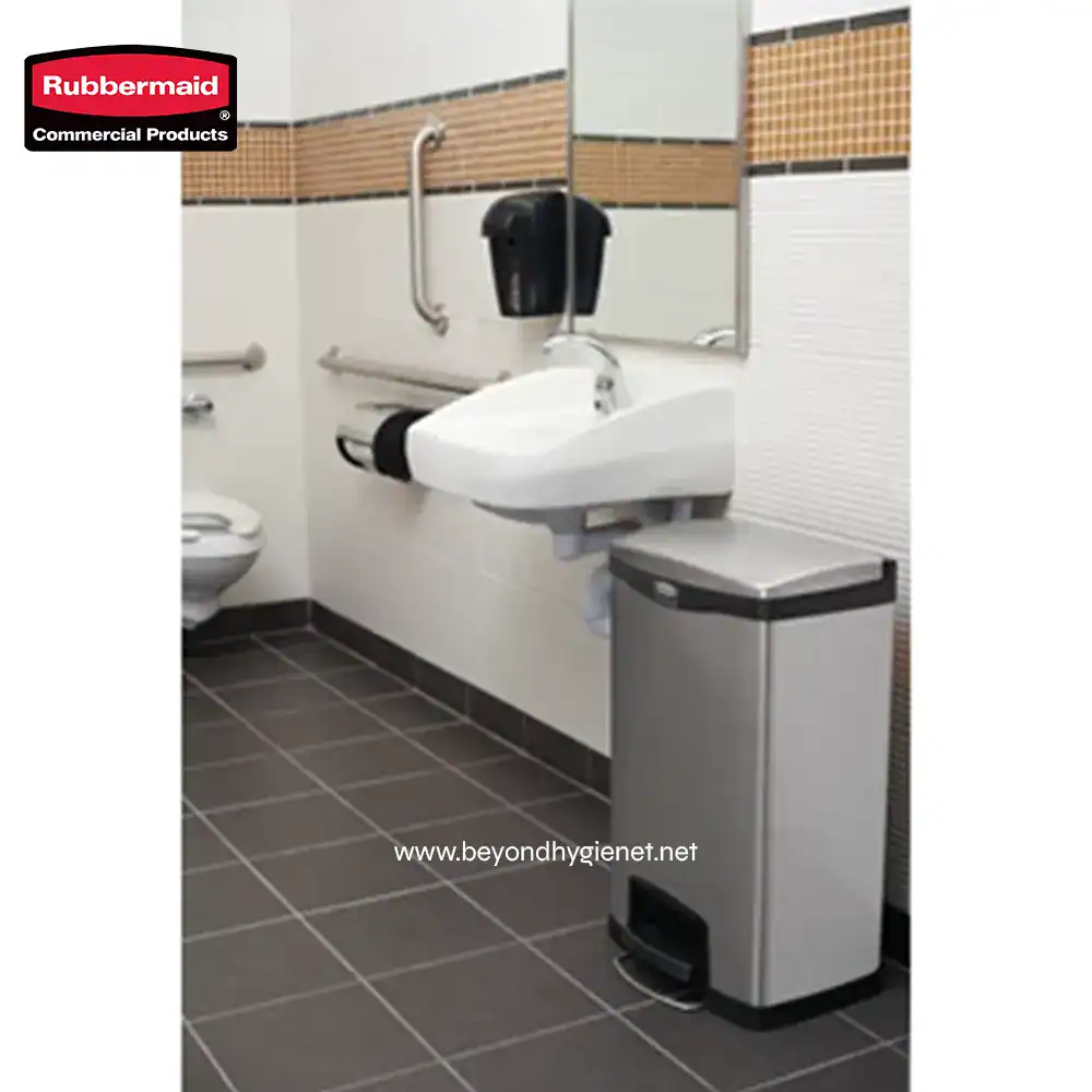 6 Rubbermaid commercial products wall-mounted sink hygiene assist hand sanitizer station disability accessible bathroom cleaning supplies.