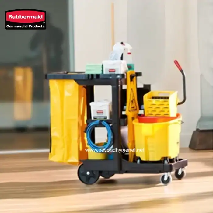 Rubbermaid commercial cleaning cart with mops, cleaning supplies, and equipment for professional hygiene and sanitation.