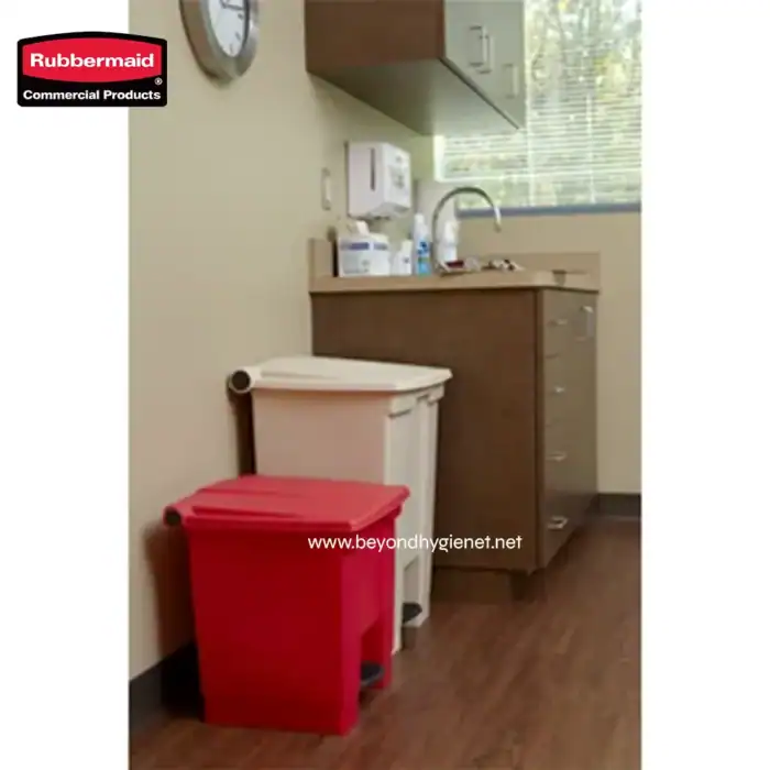Yellow wall with medical equipment and kitchen sink in medical or cleaning environment, promoting hygiene solutions from Beyond Hygiene Asia.