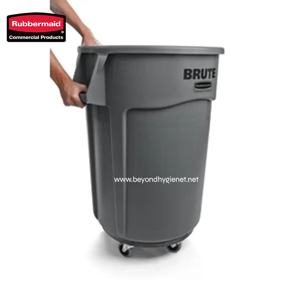 6 Rubbermaid Brute trash and waste collection bin, commercial-grade heavy-duty garbage can with wheels, ideal for waste management and sanitation in industrial and outdoor settings.