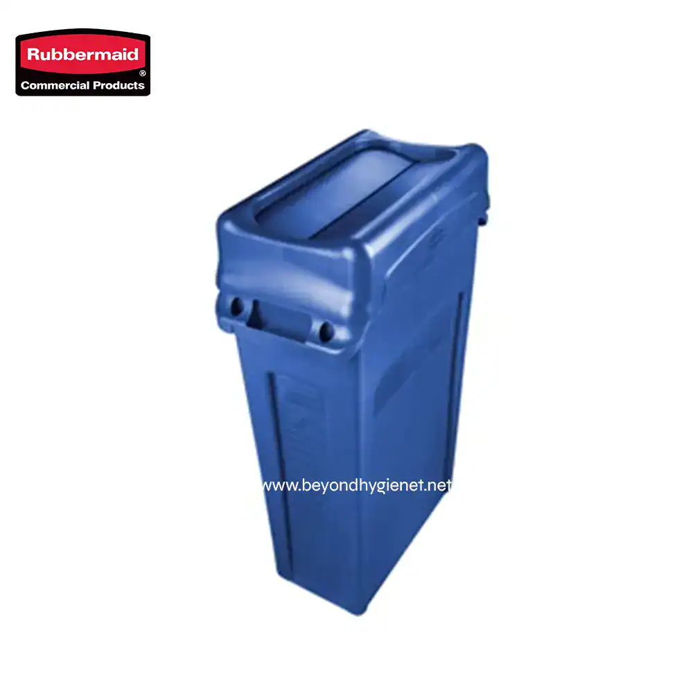 6 Rubbermaid blue commercial trash bin for office and public space waste disposal.
