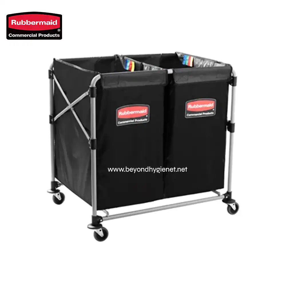 6 Rubbermaid commercial cleaning cart for janitorial supplies, easy mobility, durable design, ideal for professional cleaning service providers.
